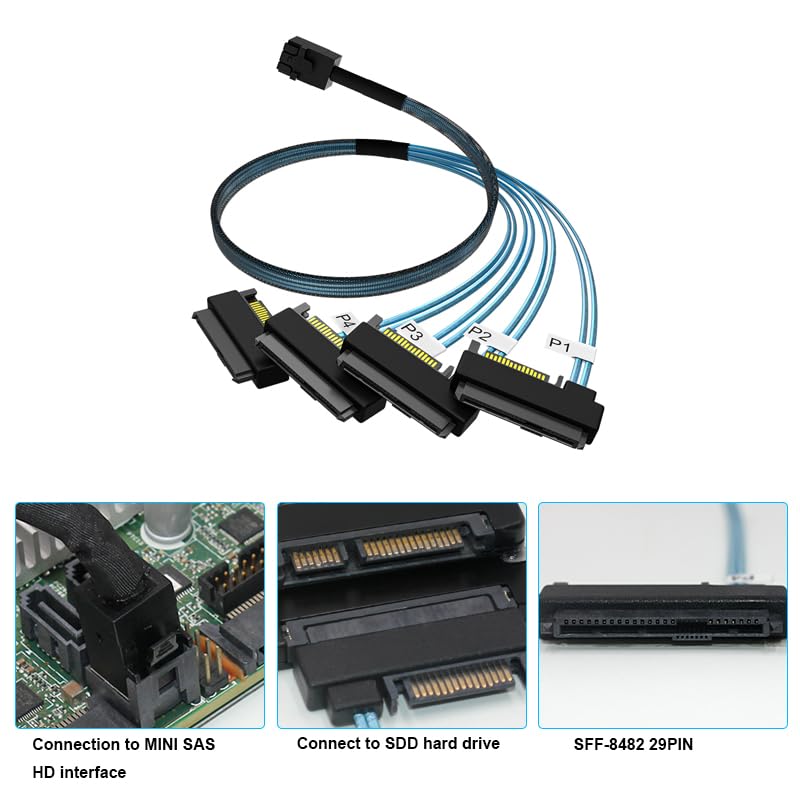 OIKWAN كابل SFF-8643 داخلي Mini SAS HD إلى (4) موصلات SFF-8482 29pin مع منفذ طاقة SAS 15pin 12GB/S بطول 3.3 قدم (1 متر) - Image 3